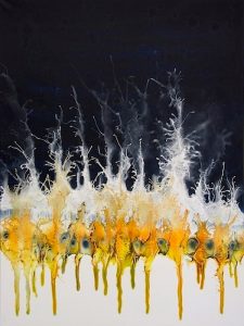 artwork, abstract painting, black, blue, orange, yellow and white